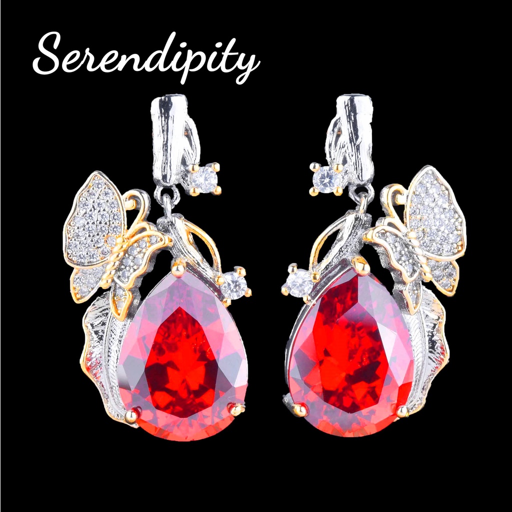 Goldkingdom Fashion Perhiasan Aksesoris Ready Stock Vintage Two-tone Emas Super Peri Bunga Kupu-Kupu Set Padparadscha Kalung Amethyst Stud Anting Cincin