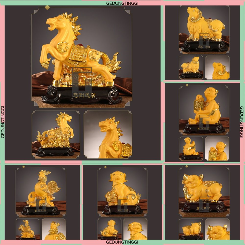 Patung Pajangan 12 Shio Sio Binatang Hewan Animal Zodiac Ox Tiger Rabbit Dragon Snake Horse Sheep Monkey Dog Pig Tikus Kerbau Harimau Macan Kelinci Ular Naga Kuda Kambing Monyet Ayam Anjing Babi Dewa Bumi Buddha Rejeki Rezeki Hoki Keberuntungan Gold Emas