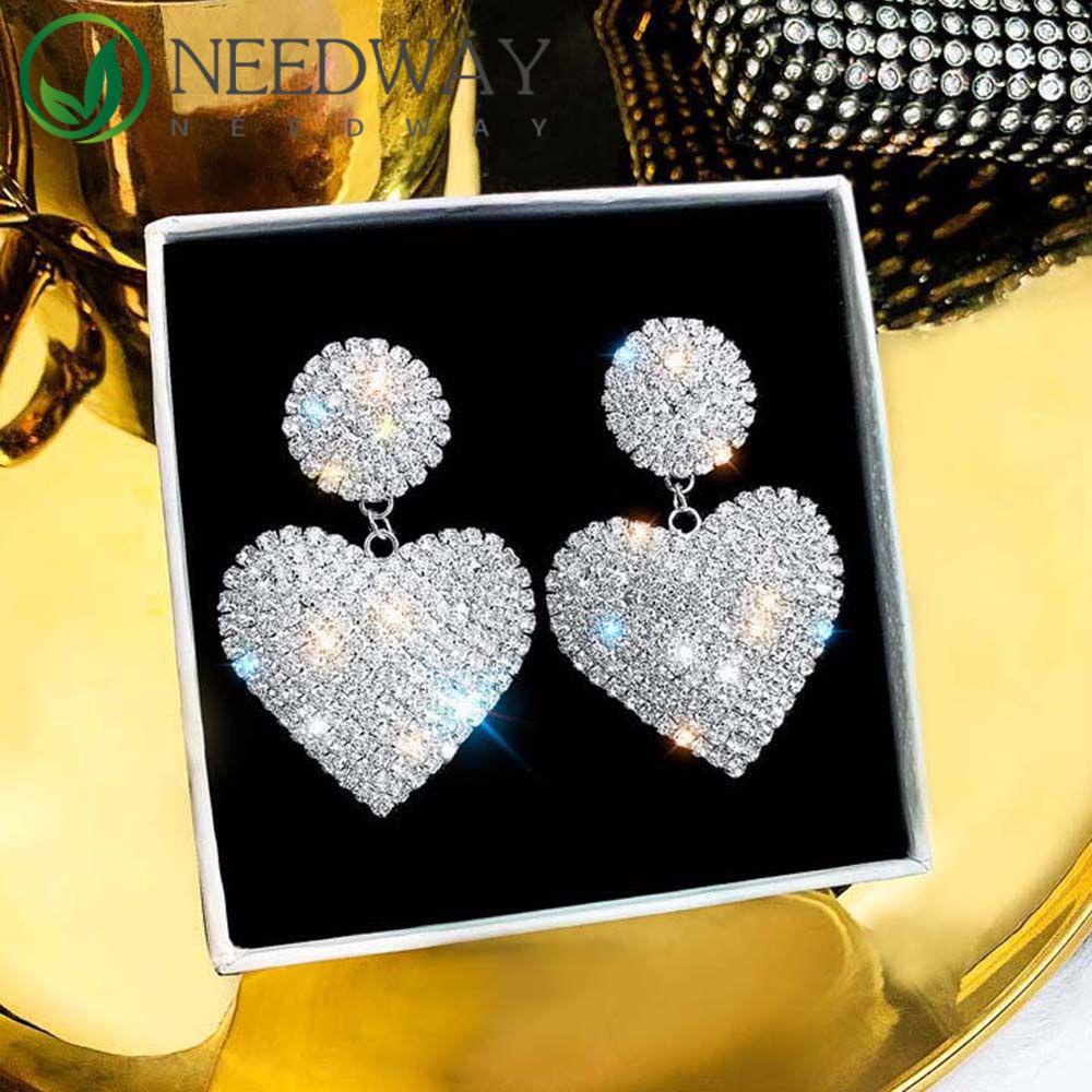 Needway   Stud Earrings Elegan Shiny Temperamen Aksesoris Cinta Hati Penuh Berlian Imitasi Shiny Crystal Menjuntai Earring