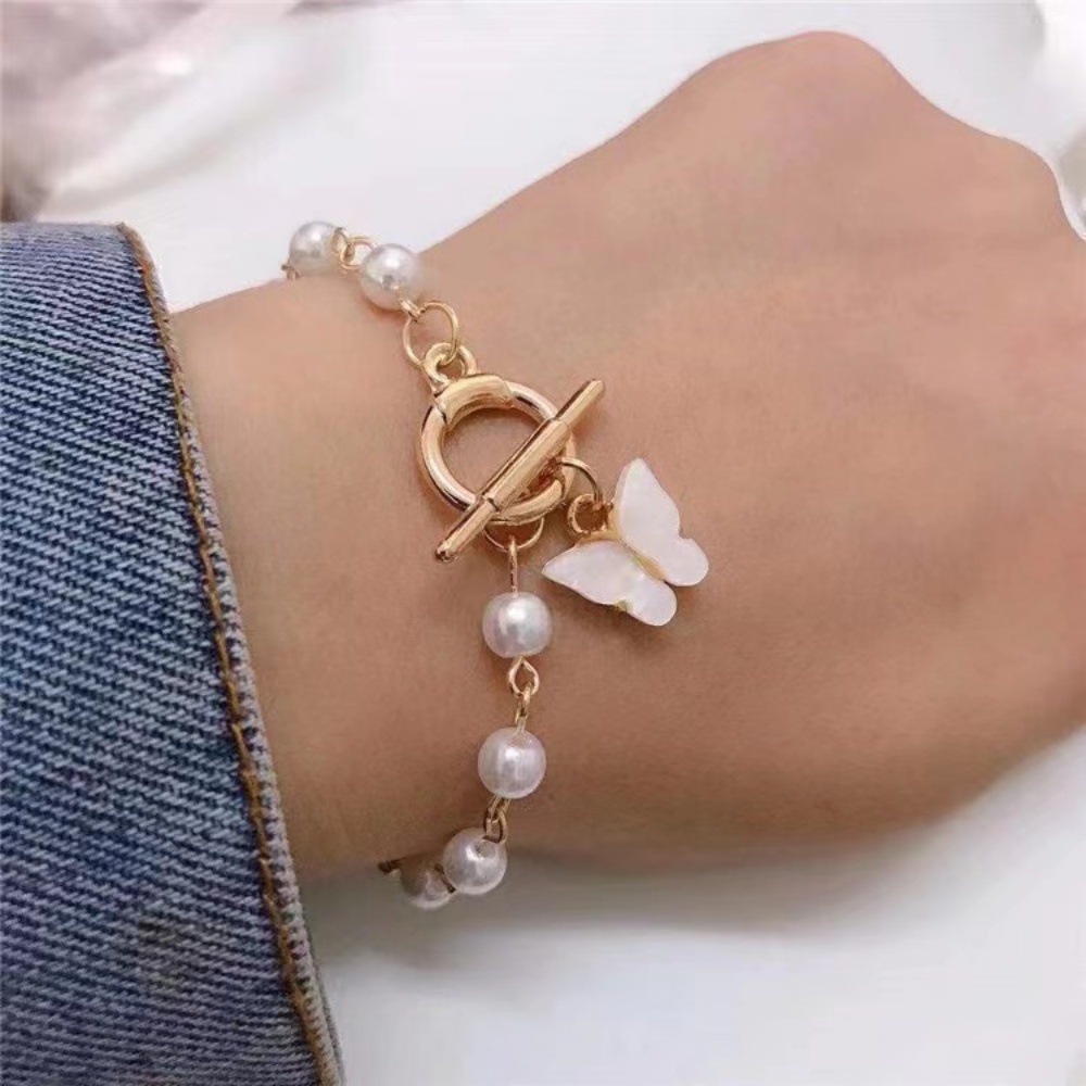 Jepang Dan Korea INS Super Abadi Kupu-Kupu Liontin Mutiara Gelang Wanita Serbaguna Retro Fashion Kerajinan Tangan