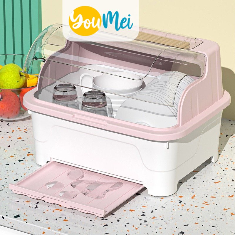 Rak Piring Plastik / Rak Pengering Piring Mangkok Sendok Dengan Tutup/ Rak Dapur Kotak Penyimpanan / Peralatan Makan Organizer Dengan Fitur Pembuangan Air Drainage - 1292