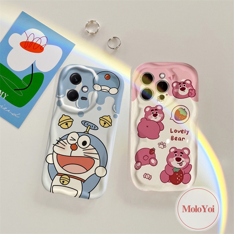 IPHONE Lovely Couple 3D Wavy Curved Edge Phone Case Kompatibel Untuk Iphone6 8 6s 7plus XR X XS Max 11 13 12 14 Pro SE 2020 Lucu Doraemon Kartun Strawberry Bear Manyo Tpu Soft Cover