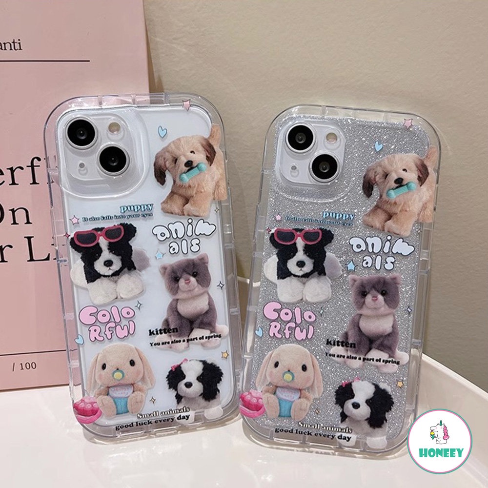 IPHONE Kawaii Plush Puppy Cat Rabbit Doll Casing Ponsel Bening Untuk Iphone14 13 12 11 Pro Max Kartun Lucu Dengan Penutup Ponsel Kartu Glitter