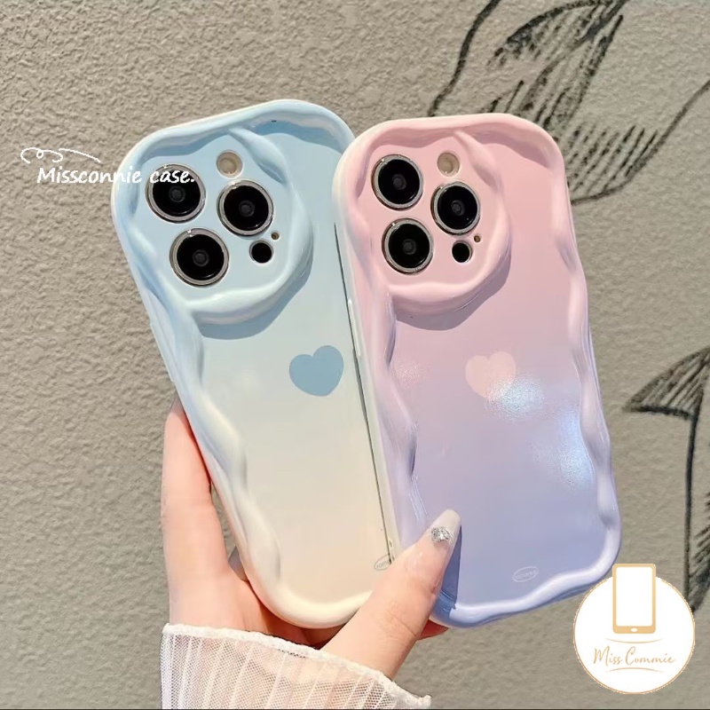 IPHONE Case Warna Permen Macaron Sederhana Kompatibel Untuk Iphone11 Pro Max 7Plus XR 14 13 12 Pro Max 6 6s 7 8 Plus X XS Max SE 2020 Gradiasi Cinta Hati 3D Tepi Bergelombang Melengkung Lembut Tpu Cover