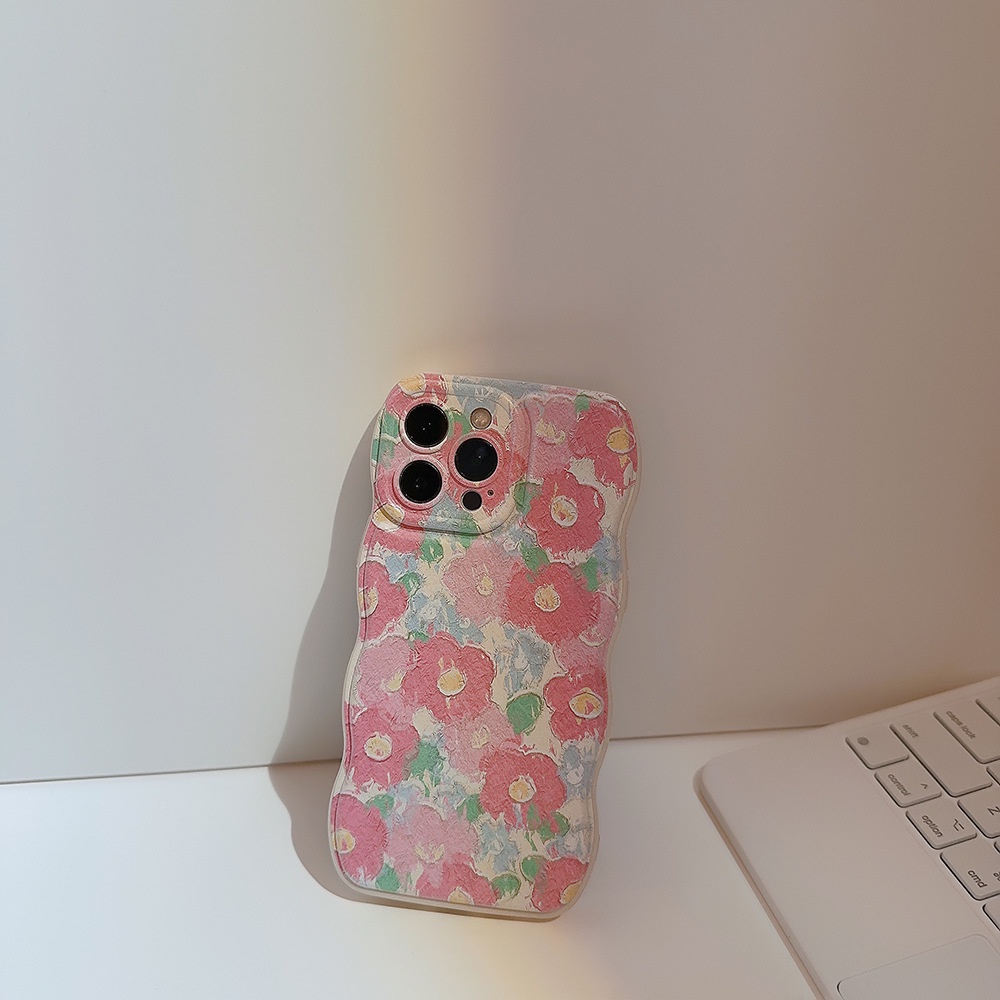 IPHONE Ins Lukisan Cat Minyak Cherry Pink Flowers Silicone Case Untuk Iphone14 11 12 13 PRO MAX Casing Cover Pelindung AT0313