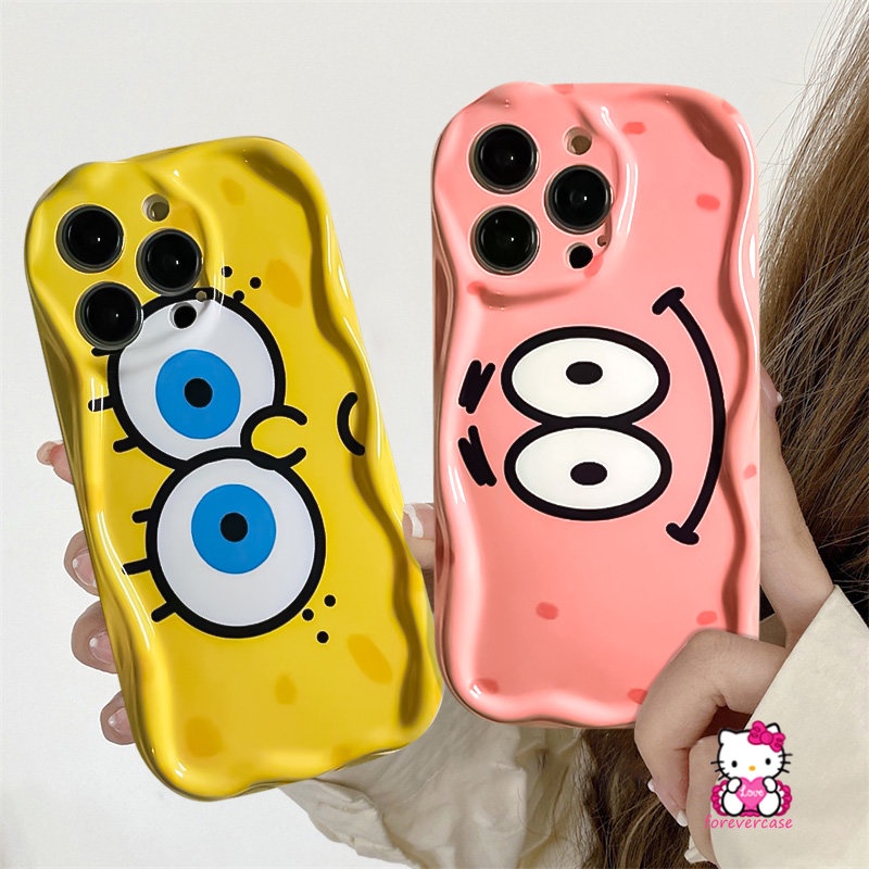 IPHONE  Casing Pasangan 3D Wavy Curved Edge Glossy Shockproof Kompatibel Untuk Iphone11 12 14 13 Pro Max 7 6s 6 8 Plus XR XS X Max SE 2020 Kartun Lucu SpongeBob Patrick Star Soft Cover