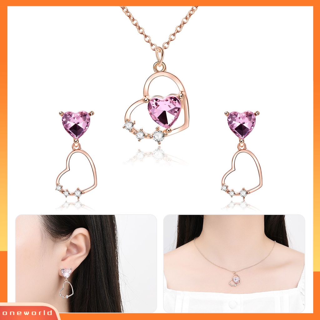 [ONE] 1set Perhiasan Aksesoris Liontin Hati Berlian Imitasi Mengkilap Kristal Imitasi Kalung Menjuntai Anting Set Perhiasan Wanita Aksesori