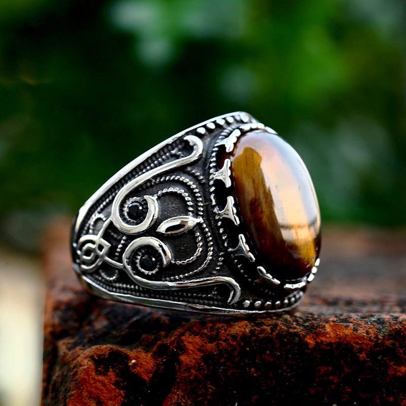 Kasual Retro Totem Asli Tiger Eye Batu Perak Baja Titanium Hip Hop Pria Punk Fashion Perhiasan Band Rings