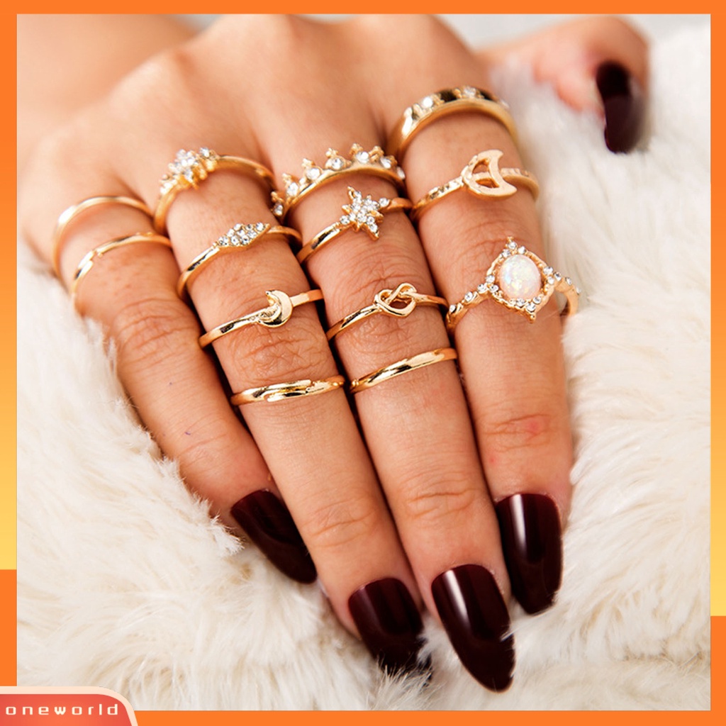 [ONE] 13pcs/set Cincin Fashion Berlian Imitasi Bersinar Mahkota Bulan Bintang Knuckle Ring Untuk Pesta