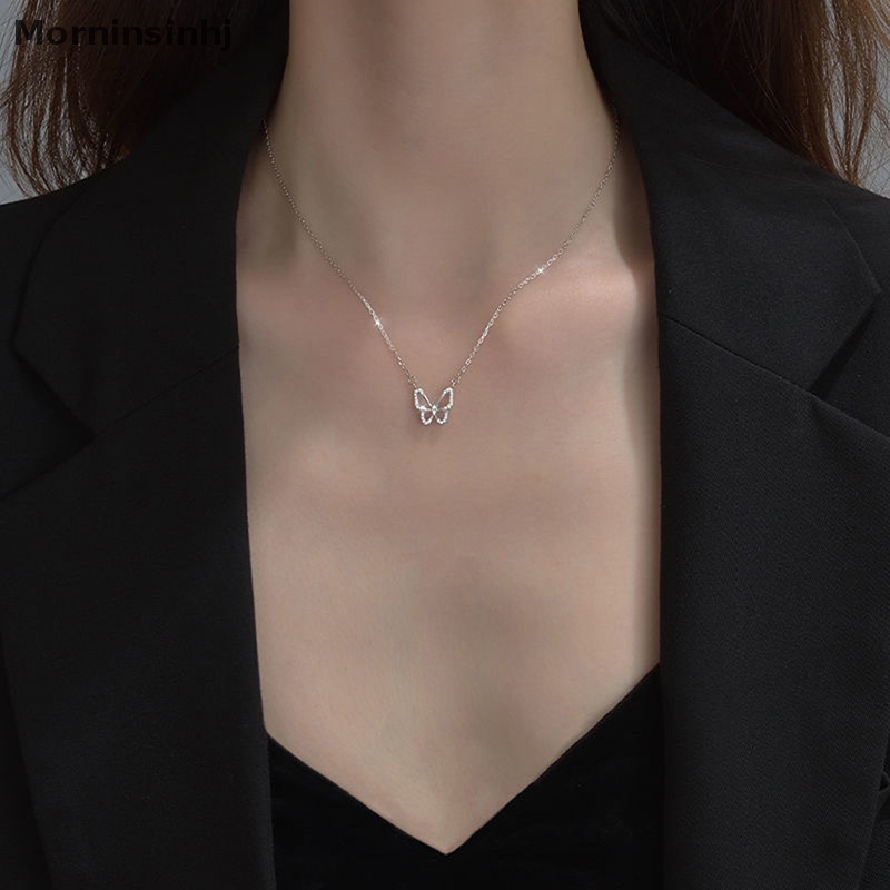 Mornin Kalung Liontin Kupu-Kupu Yang Indah Kalung Rantai Silver Kristal Elegan Untuk Wanita Perhiasan Aksesoris Hadiah id