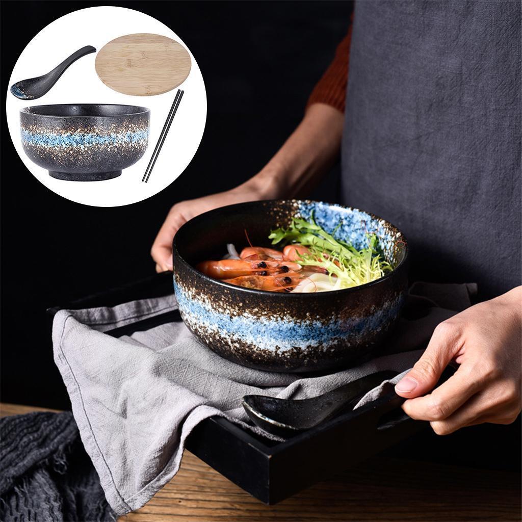 Ceramic Japanese Ramen Bowl Mangkuk Porcelain Besar 1500ml Dengan Tutup Dan Sendok