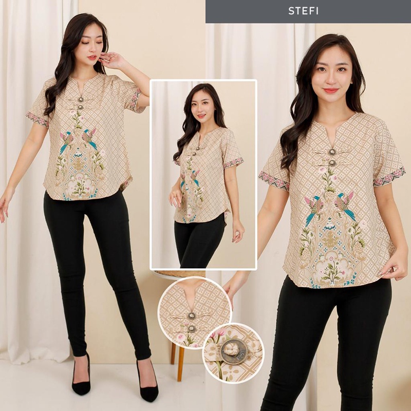 Evercloth Stefi Blouse Wanita Atasan Wanita Blouse Batik Lengan Pendek