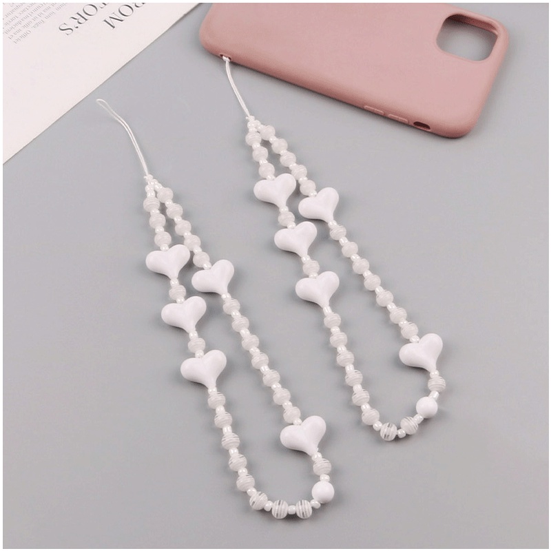 HUAWEI 3d Putih Cinta Hati Dengan Manik-Manik Bulat Bergaris Buatan Tangan Semua Telepon Strap Untuk Untuk iPhone Untuk Android Untuk OPPO Untuk VIVO Untuk Xiaomi Untuk Redmi Untuk Samsung Case Cover DIY