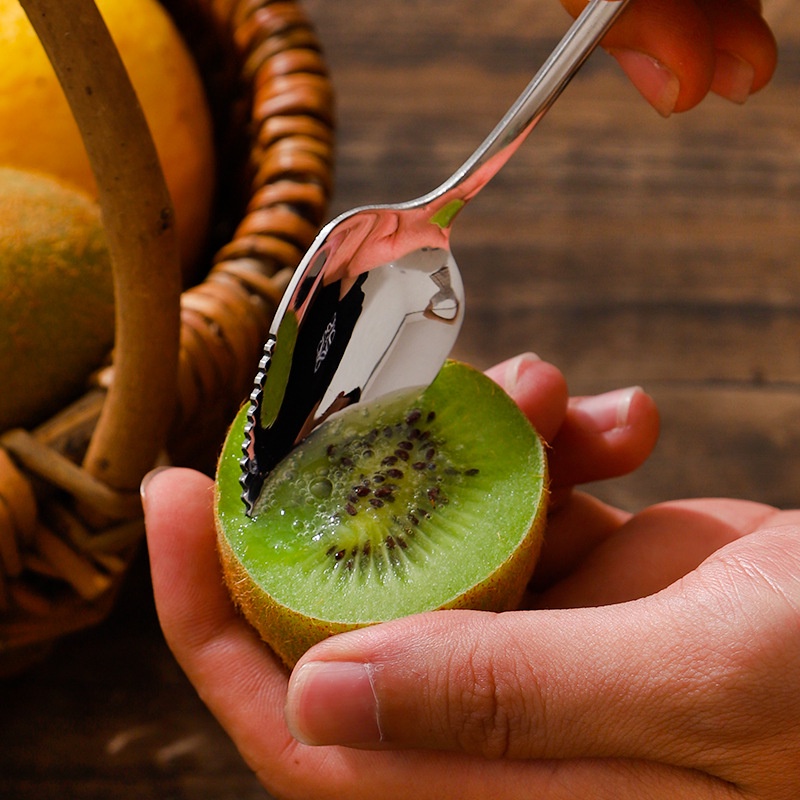 [Unggulan] Grip Nyaman Menggali Sendok Tepi Bergerigi Kerokan Buah Sendok Bayi Pelengkap Makanan Sendok Garpu Stainless Steel Jelly Kue ladle