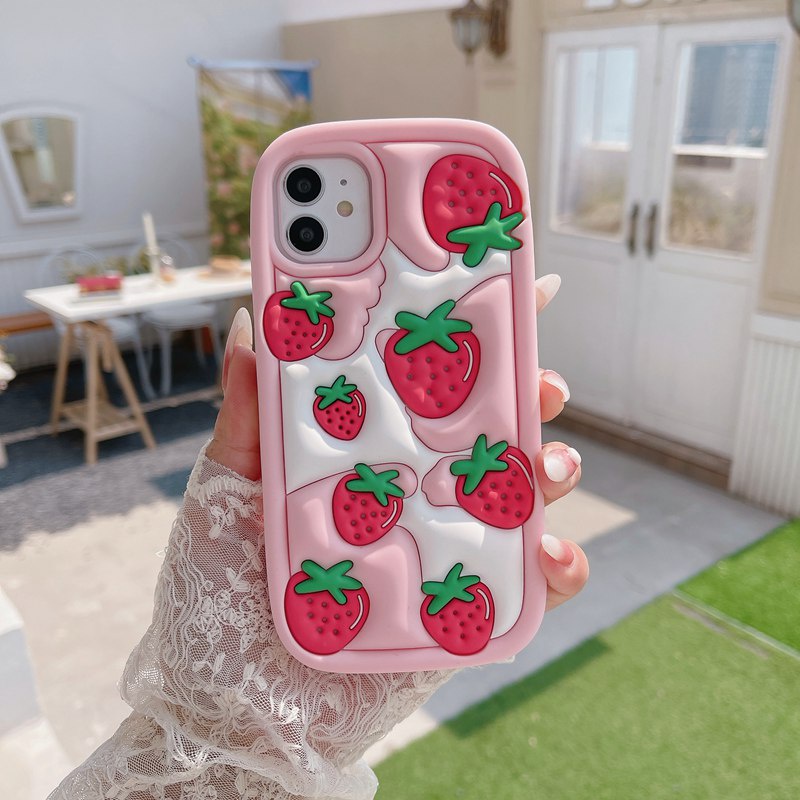 Stereoscopic Cute Pink Red Strawberry Silicone Soft Case for IPhone 6S 7 8 Plus X XR Max IPhone 11 12 13 14 Pro Max Cute TPU Phone CASE Cute Pretty Girl's Fashion