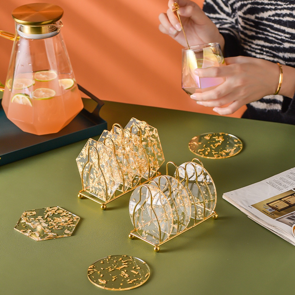 Coaster Akrilik Foil Emas Coaster Mewah Ringan Cangkir Teh Bantalan Isolasi Panas Ins Cangkir Kopi Kreatif Anti-selip Tikar Pemegang Meja Dapur Dekoratif