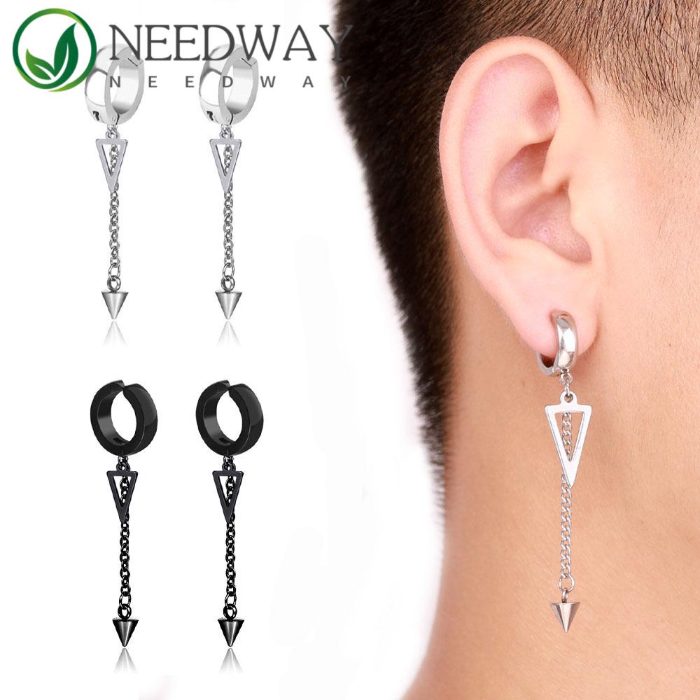 Needway   Drop Anting Pria Korea Cewek Hiphop Punk Hypoallergenic Rumbai Segitiga Tanpa Tindik Geometris Telinga Klip