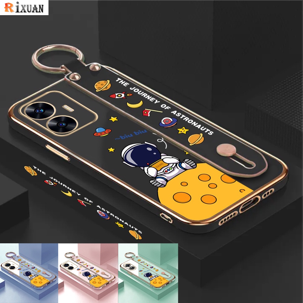 Realme C55 C33 C30 C35 C21Y C25Y C31 Realme10 5i 6i C11 2021 C15 C12 C25 C20 C2 Narzo 50A Fashion Perjalanan Astronot Mewah Plating Soft Phone Case Dengan Gelang RIXUAN