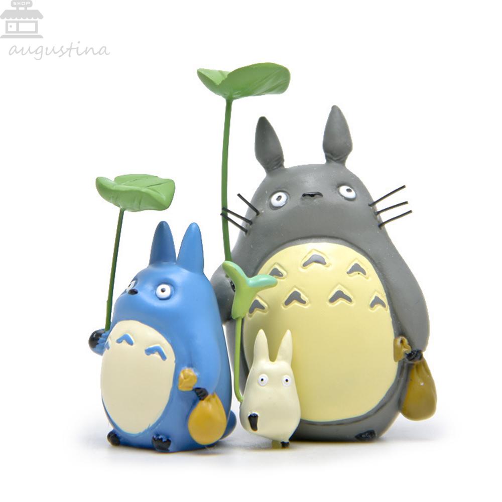 Agustina Action Figure Anime 3Pcs /set Miniatur Kerajinan Dekorasi Lanskap Mikro Totoro Dengan Ornamen Daun