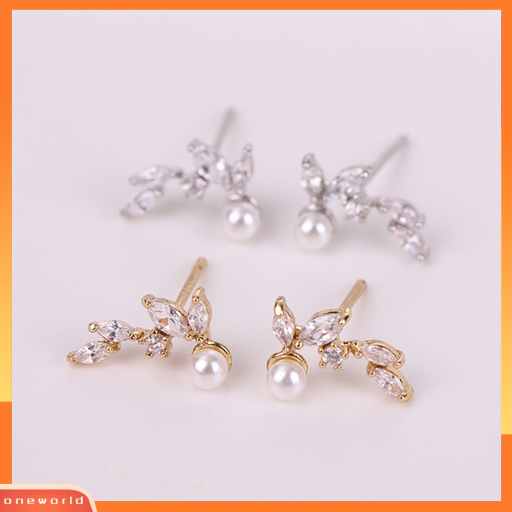 [WOD] 1pasang Anting Wanita Bentuk Daun Hias Indah Tahan Lama Portabel Mengkilap Cubic Zirconia Mutiara Imitasi Great Lengket Ear Stud Gift