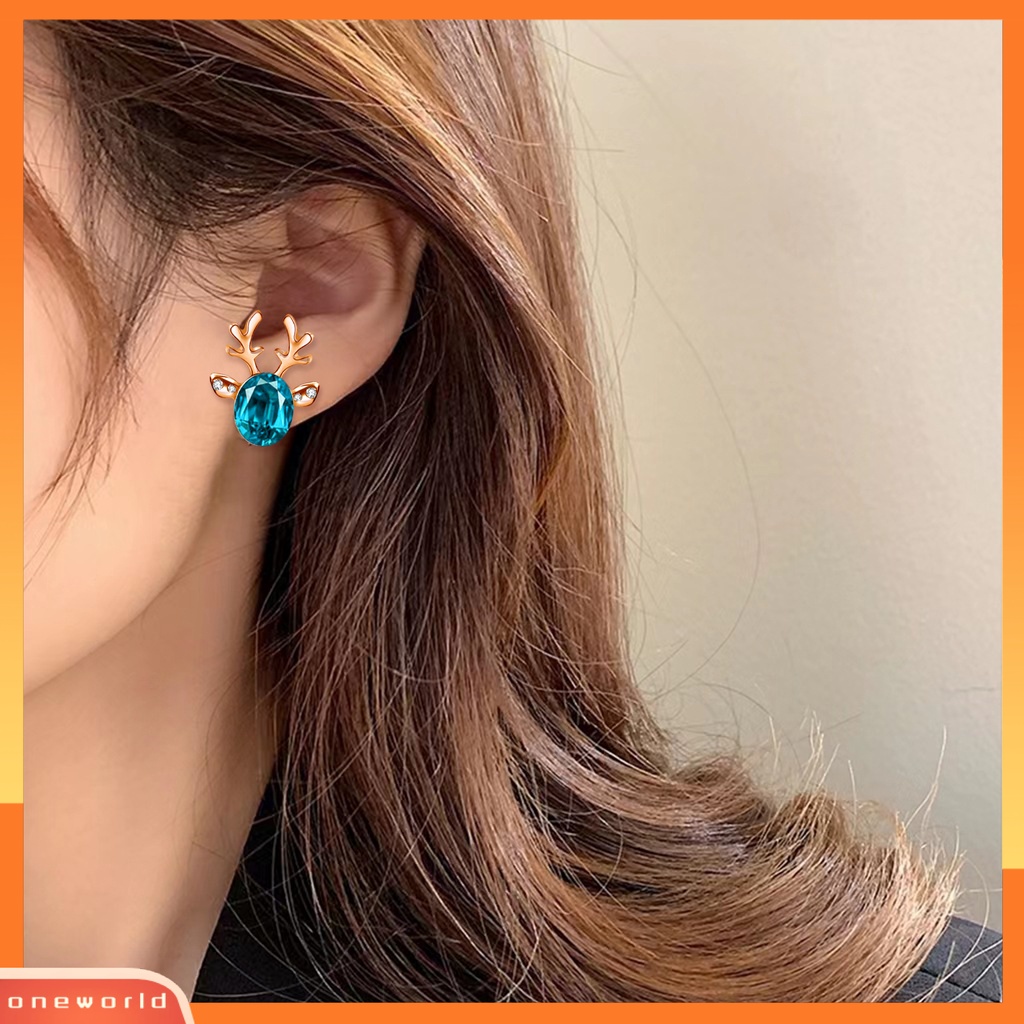 [WOD] 2pcs Natal Telinga Studs Boho Faux Gemstone Shiny Rhinestone Hias Festival Hadiah Xmas Tanduk Stud Anting Wanita Pesta Perhiasan Untuk Tahun Baru