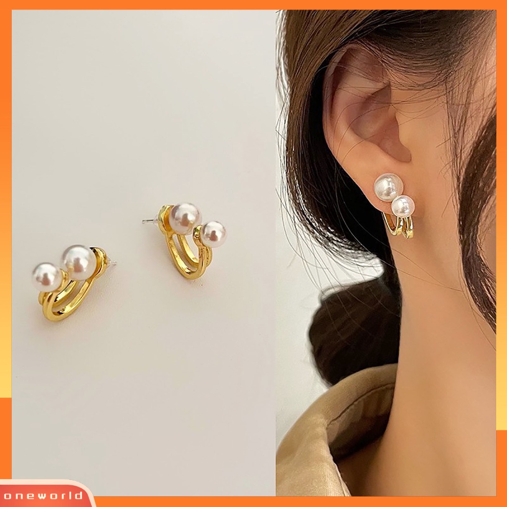 [WOD] 1pasang Anting Lady Mutiara Imitasi Simple Double-layer Anggun Stud Earrings Untuk Hadiah