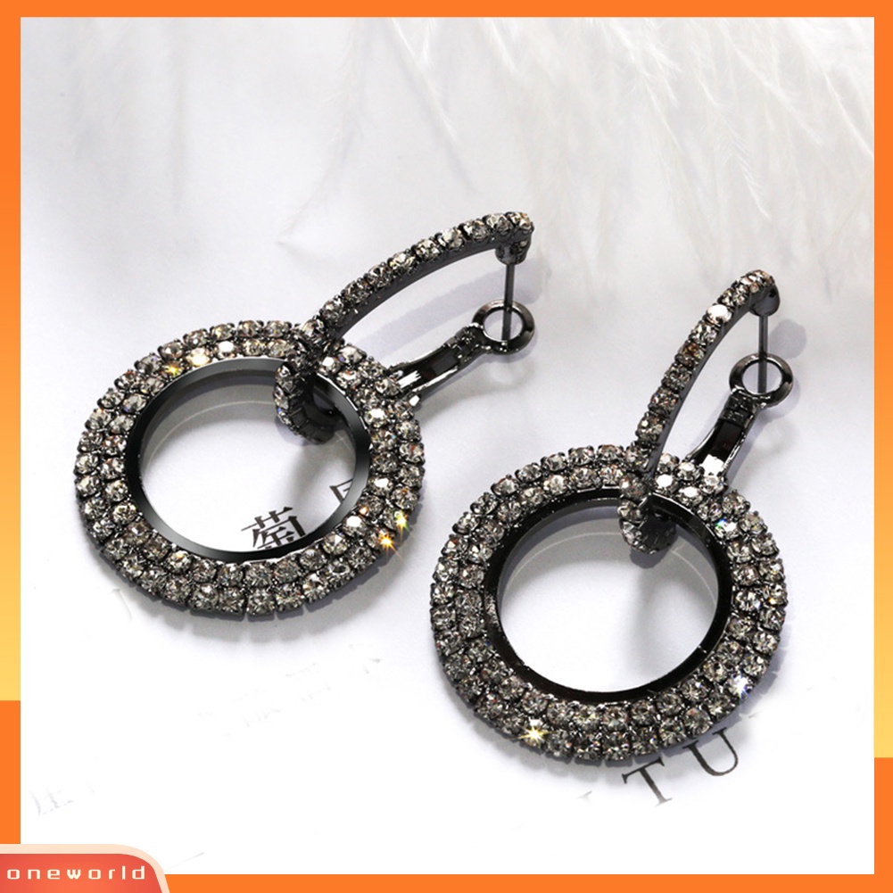 [WOD] Fashion Wanita Terkait Lingkaran Panjang Menjuntai Penuh Berlian Imitasi Huggie Earrings Jewelry