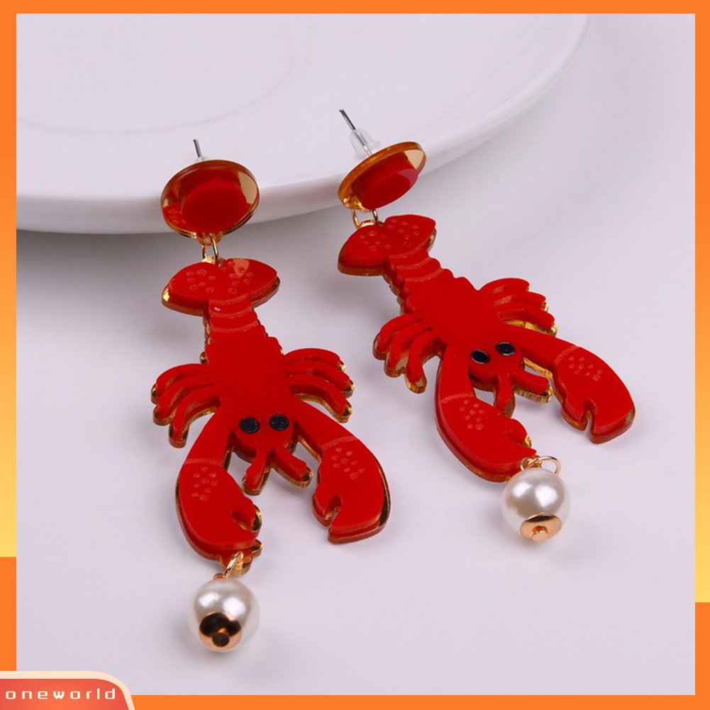 [WOD] Kreatif Lady Akrilik Lobster Gurita Mutiara Imitasi Liontin Statement Stud Earrings