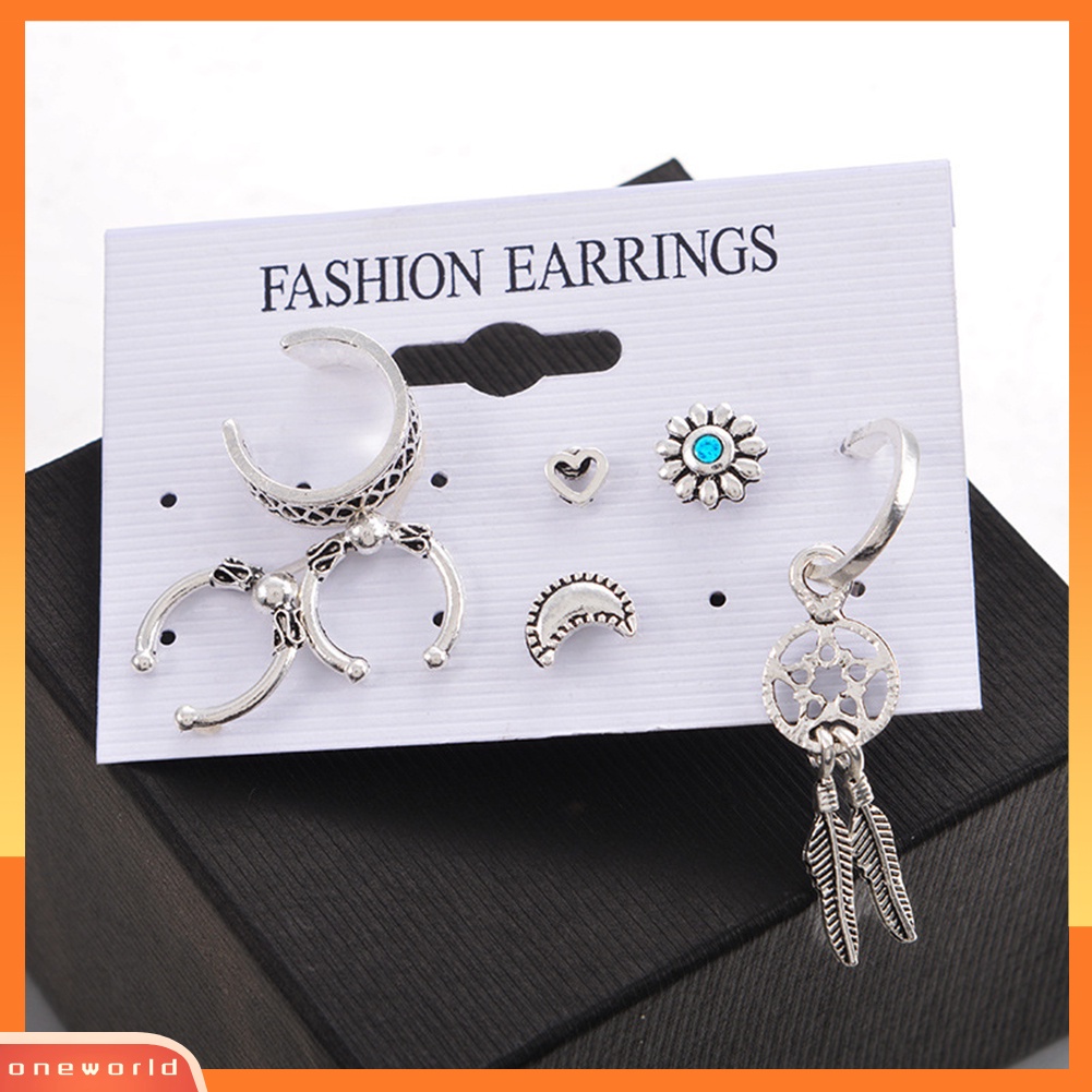 [WOD] 7pcs Retro Wanita Penangkap Mimpi Bulan Hati Bentuk C Anting Hoop Ear Studs Set