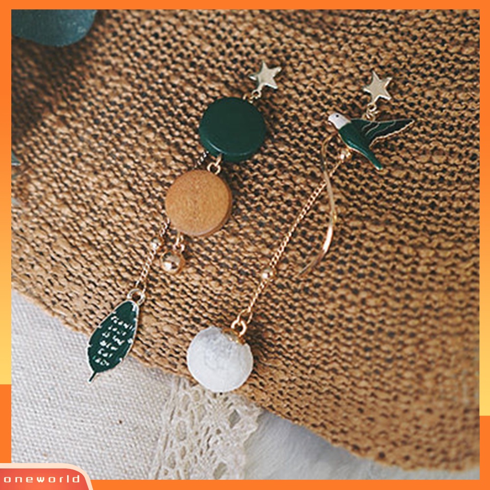 [WOD] Fashion Wanita Panjang Rumbai Daun Burung Asimetris Menjuntai Stud Earrings Perhiasan