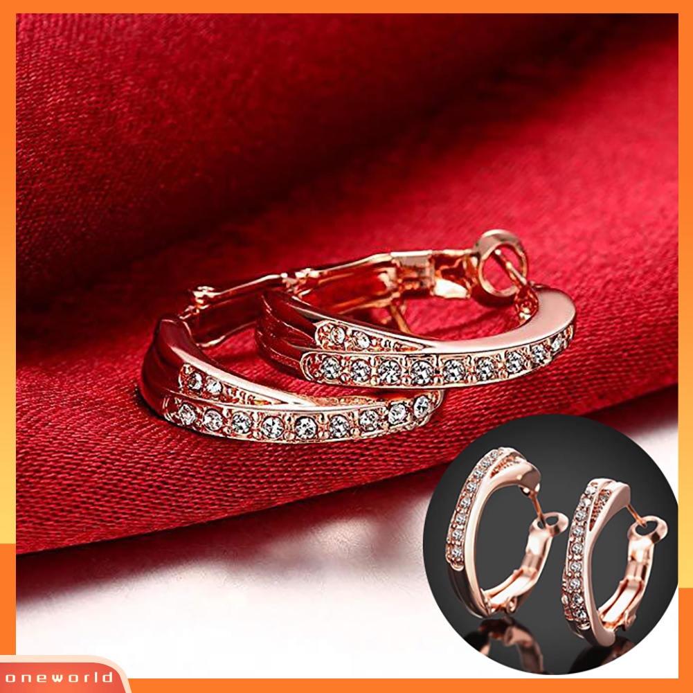 [WOD] Fashion Elegan Hoop Huggie Earrings Berlian Imitasi Mengkilap Perhiasan Pesta Lady Gift