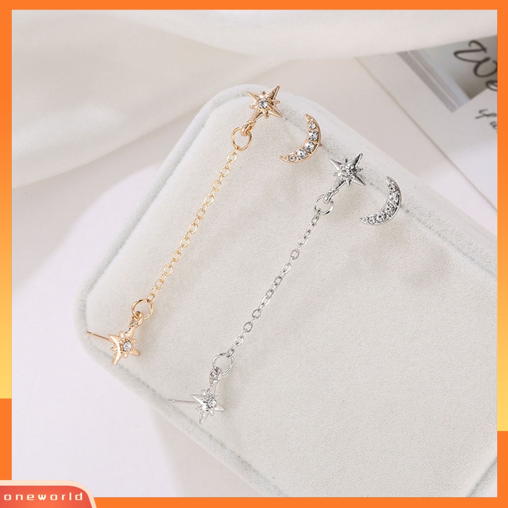 [WOD] 2pcs /Set Anting Vintage Rantai Bulan Bintang Berlian Imitasi Alloy Stud Telinga Unik Untuk Wanita