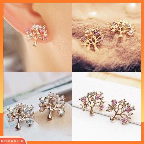 [WOD] Fashion Wanita Lucu Berlian Imitasi Mutiara Imitasi Bentuk Pohon Kecil Stud Earrings