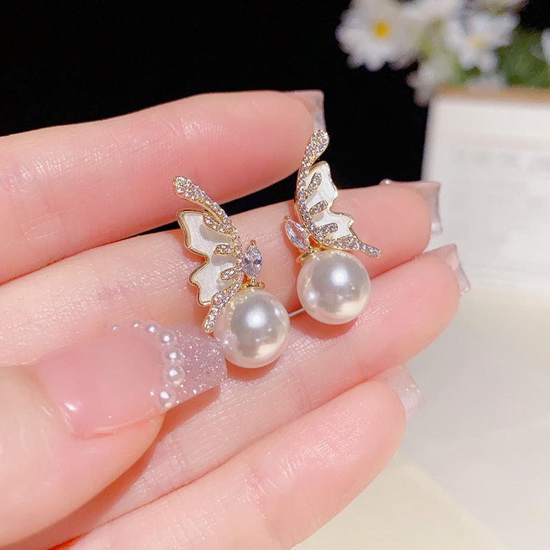 Jepang Japan Korea Selatan Gaya Baru Elegan Ringan Mewah Kupu-Kupu Berlian Imitasi Mutiara Fashion Berkelas Anting