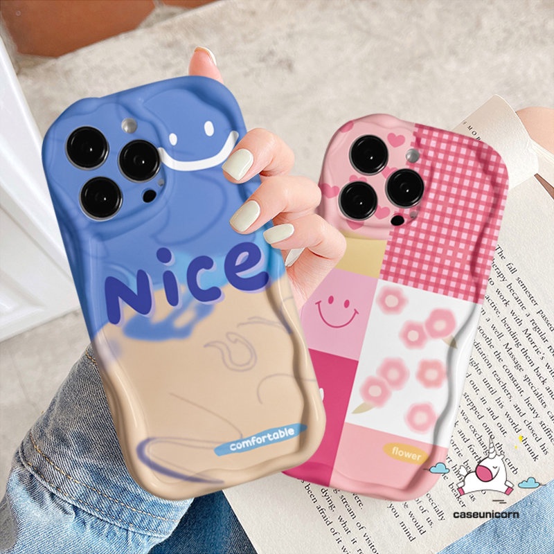 Casing Warna Motif Smiley Splicing Lucu Kompatibel Untuk iPhone 7Plus XR 14 13 11 12 Pro Max 7 8 6 6s Plus XS Max X 8Plus SE 2020motif Glossy Lattice Flower Lembut 3D Bergelombang Melengkung Penutup Tepi