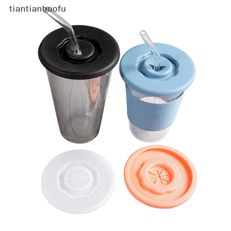 [tiantianbaofu] All-matching Silicone Cup Lid Glass Drink Cover Tahan Panas Dengan Lubang Sedotan Aksesoris Botol Tahan Lama Fleksibel Dicuci Butik