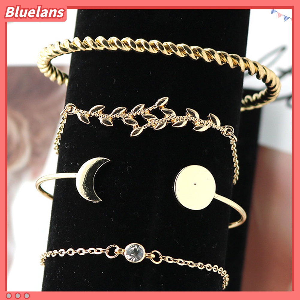 [BLS] 4pcs /Set Wanita Fashion Bulan Memutar Terbuka Bangle Daun Berlian Imitasi Bertatahkan Gelang