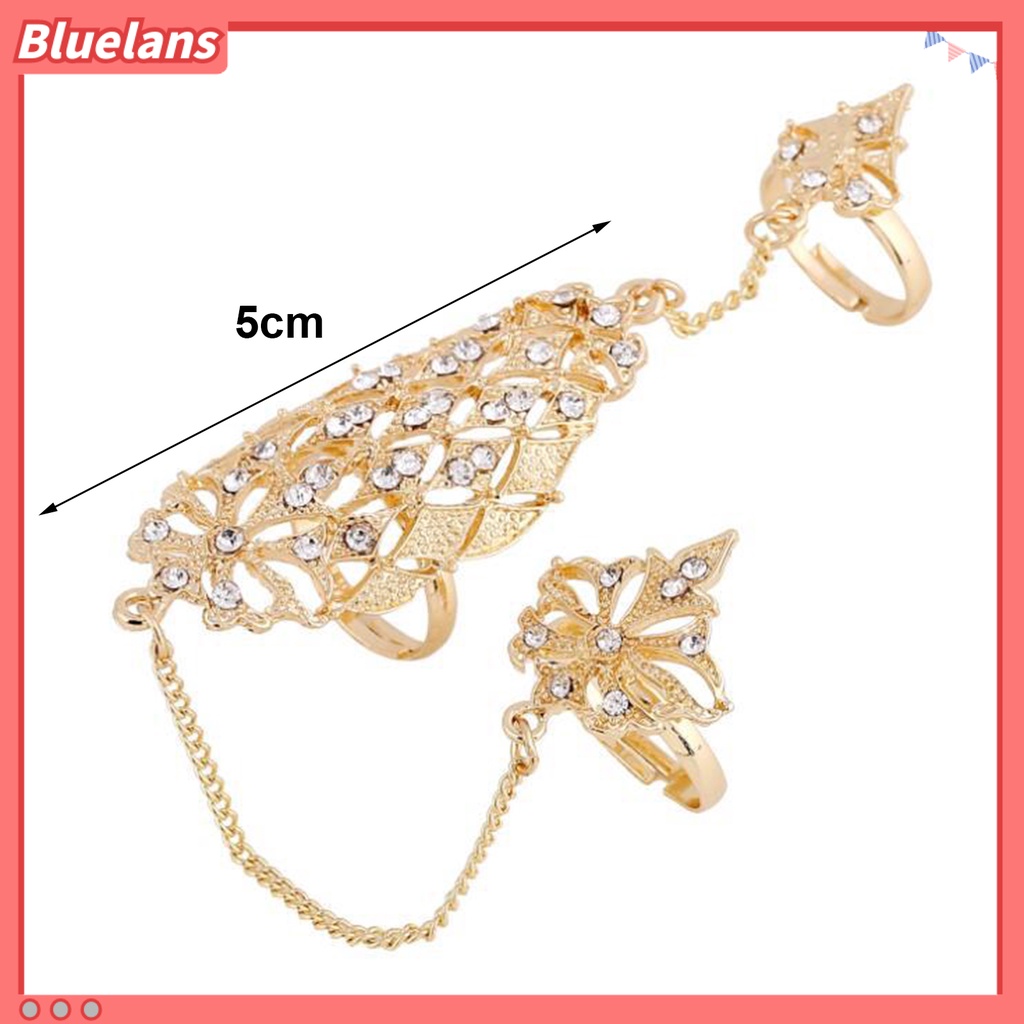 [BLS] Cincin Pembukaan Berlian Imitasi Tertanam Alloy Warna Emas Berlubang-out Leaf Dual Finger Chain Ring Untuk Pacaran