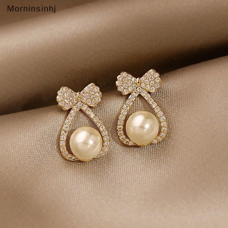 Mornin Pearl Studs Bow Crystal Earrings Untuk Wanita Eardrop Kecil Pernikahan Fashion Perhiasan id