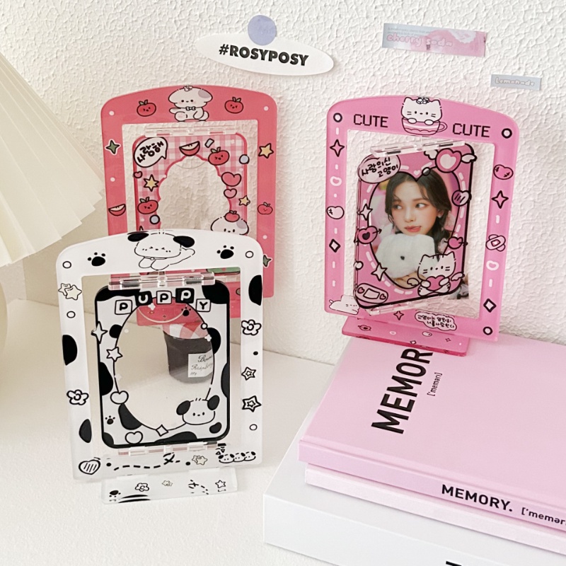 Bingkai Foto Doodle Lucu Rotatable 3inch Kpop idol Photocard Case Kartun Puppy Desktop Display Holder