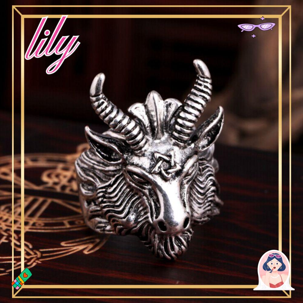 Lily Sheep Head Ring Cincin Pria Perak Antik Vintage Totem Ukir