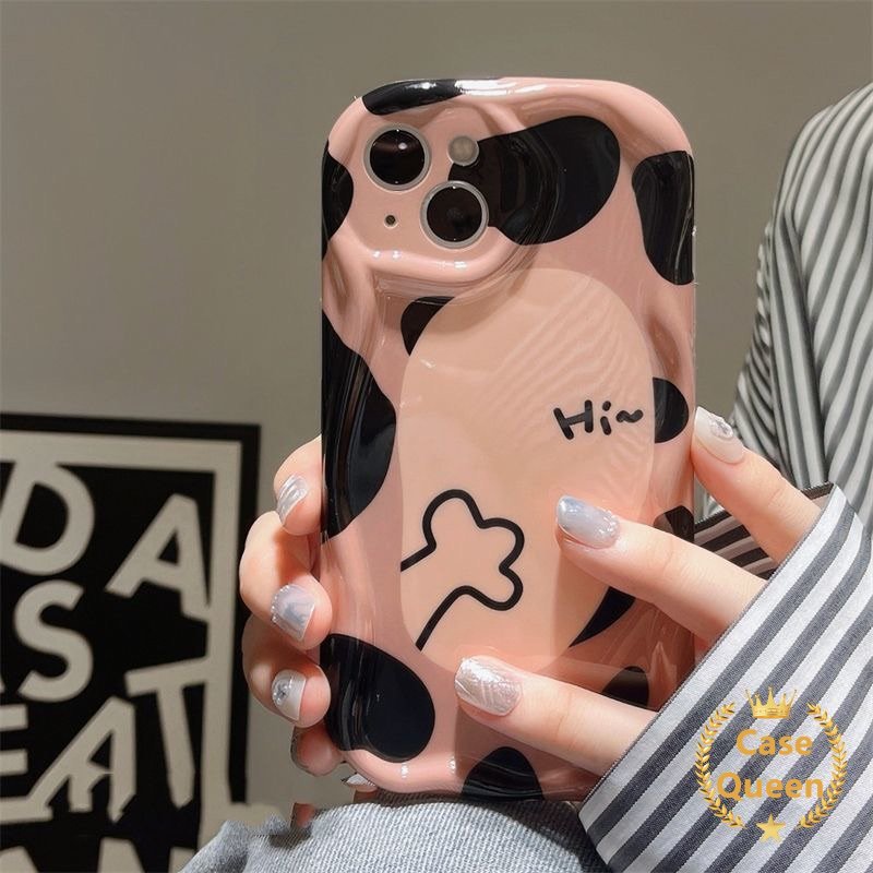 IPHONE Casing Kotak-Kotak Leopard Kucing Lucu Kompatibel Untuk Iphone11 12 14 13 Pro MAX XR XS X MAX 8 6 7 6S Plus SE 2020 7Plus Kartun Smiley 3D Wavy Curved Edge Dog Love Heart Soft Cover