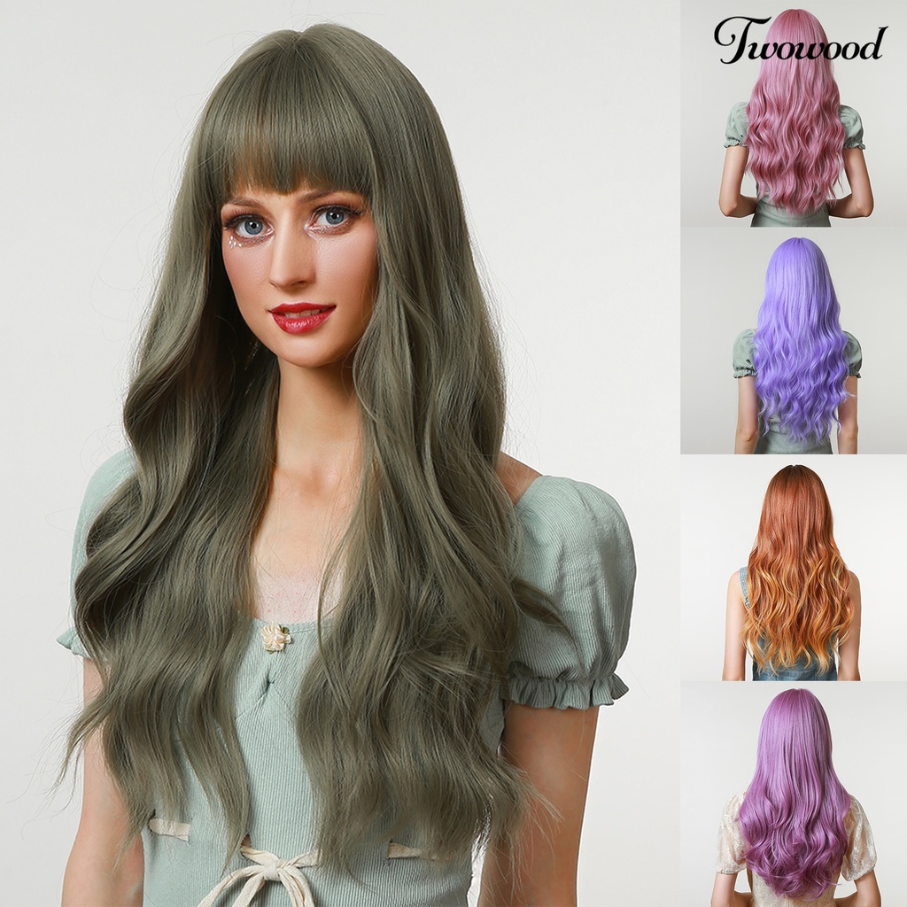 Twowood Wanita Wig Rambut Rapi Poni Bernapas Ringan Halloween Cosplay Wig Gelombang Panjang Untuk Perempuan