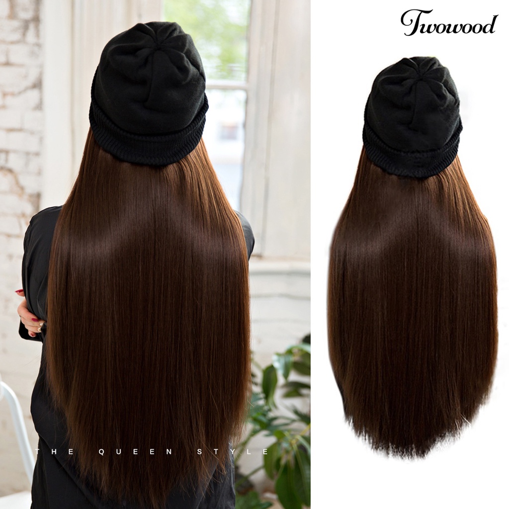 Twowood Wanita Wig Bahan Mesh Dalam Halus Dengan Topi Beanies Hat Wig Rajut Lurus Untuk Perempuan