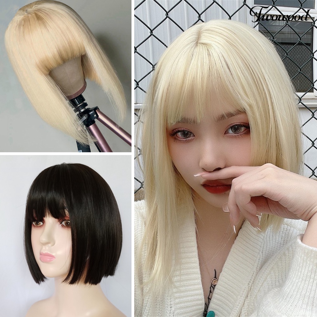 Twowood Rambut Pendek Lurus Fashion Mudah Dipakai Berbulu Trendi Cahaya Warna Emas Kosmetik Aksesori Suhu Tinggi Sutra Panjang Bahu Wig Rambut Pendek Untuk Lady