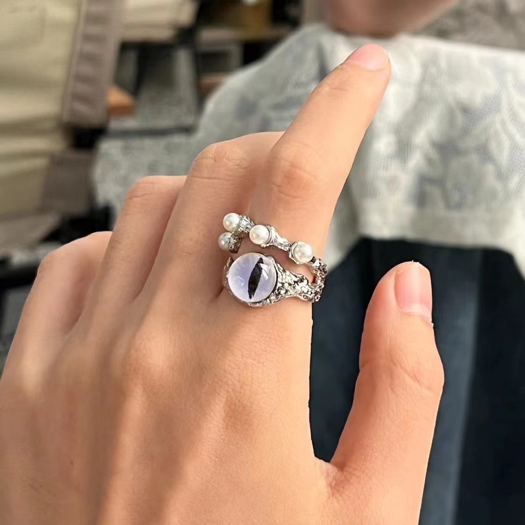 [Fitur] 1pc Pria Tidak Teratur Moonstone Cincin Mata Kucing Mutiara Angin Dingin Cincin Niche Gelap Cincin Ganda Adjustable Pasangan Cincin Perempuan Jari Dekorasi Perhiasan Aksesoris Hadiah Ulang Tahun