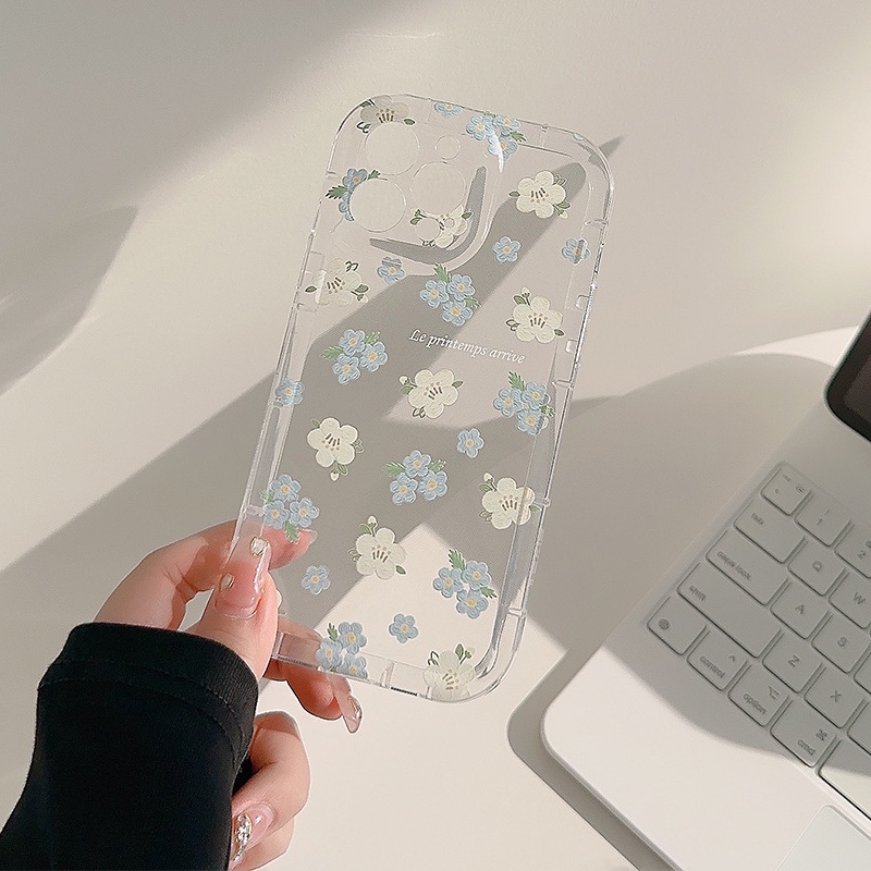 INS Blue White Flowers Popsocket Soft TPU Case iP iPhone 14 + Plus 11 12 13 Pro Max Clear FTD Girl Woman Casing Apple