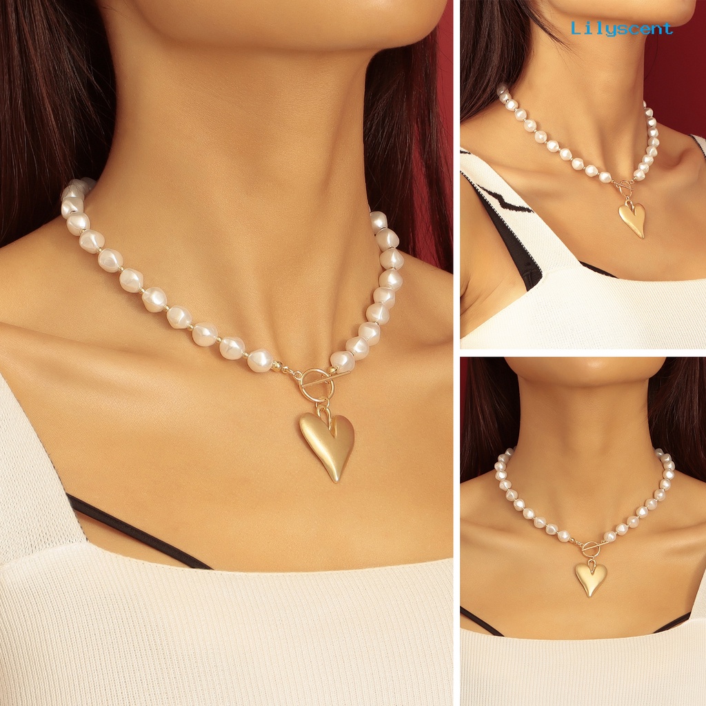 [LS]Wanita Kalung Emas Cinta Hati Elegan Temperamen Buatan Tangan Gloss Tinggi Rantai Mutiara Imitasi Klavikula Kalung Fashion Perhiasan