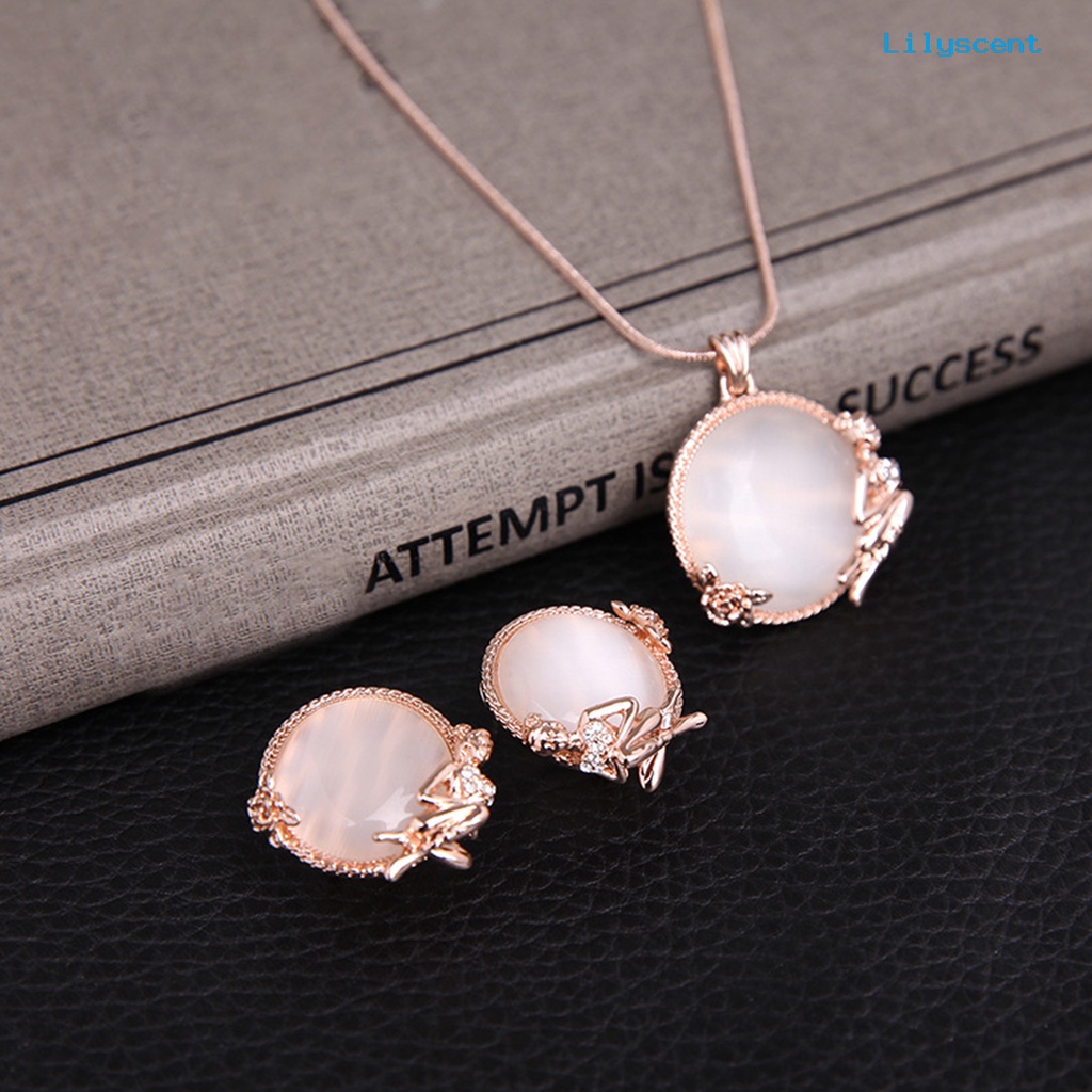 [LS]1 Set Kalung Anting Set High Gloss Bulat Opal Electroplating Kristal Imitasi Dress Up Stud Anting Liontin Kalung Set Perhiasan Aksesori