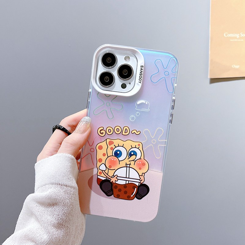 【Laser colorful】So Cute IMD high quality Milk Tea SpongeBob Hard Case for IPhone 11 12 13 14 Pro Max Women Girl Lovely Cartoon